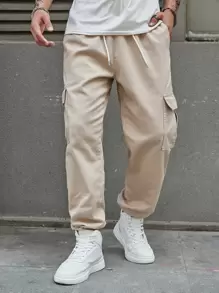 Claim Dot 男士棉質拉鍊口袋抽繩腰帶貨褲直筒洗水深色牛仔褲運動休閒單色卡其色外出街頭穿著男友禮物