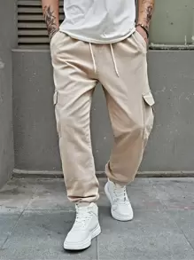 Claim Dot 男士棉質拉鍊口袋抽繩腰帶貨褲直筒洗水深色牛仔褲運動休閒單色卡其色外出街頭穿著男友禮物