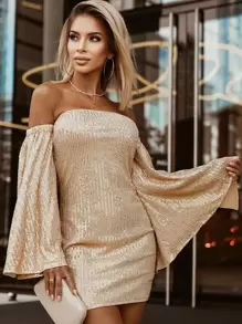 一字肩開衩袖亮片連衣裙 - 杏色 - 查看 1