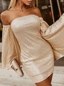 一字肩開衩袖亮片連衣裙 - 杏色 - 查看 3