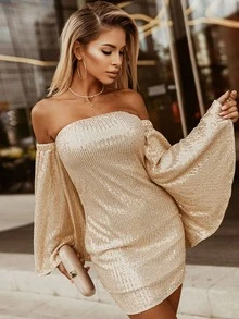 一字肩開衩袖亮片連衣裙 - 杏色 - 查看 5