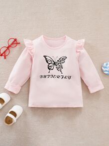 Yierying Baby Butterfly And Letter Graphic Ruffle Trim Top - Baby Pink - View 1