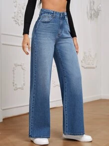 SHEIN Frenchy 高腰闊腿牛仔褲 - 中等水洗藍 - 查看 4