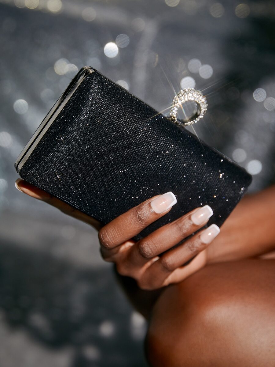 SHEIN Belle 迷人的閃爍亮粉,繡有亮片,奢華時尚的迷你閃爍設計鑲嵌鑽石裝飾盒子包晚宴包。適用於派對女孩、女人、新娘完美適合派對、婚禮、舞會、晚餐/宴會 - 黑色 - 查看 1