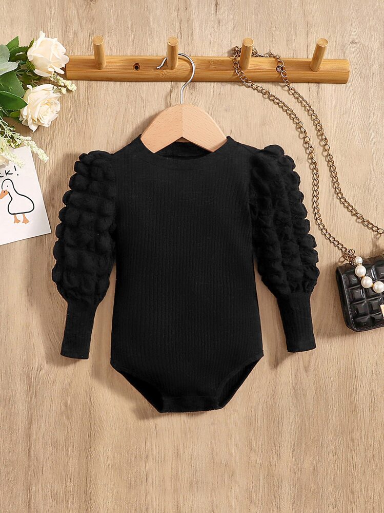 Baby Girl Textured Gigot Sleeve Autumn Bodysuit - Black - View 1
