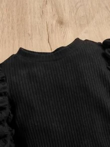 Baby Girl Textured Gigot Sleeve Autumn Bodysuit - Black - View 3