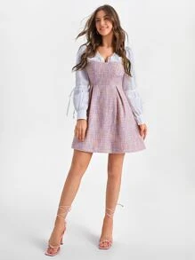 MELIKE FIRAT Frill Trim Puff Sleeve Tweed Dress - Pink - View 4