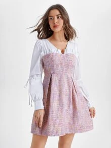 MELIKE FIRAT Frill Trim Puff Sleeve Tweed Dress - Pink - View 6