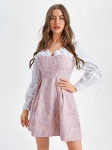 MELIKE FIRAT Frill Trim Puff Sleeve Tweed Dress - Pink - View 8