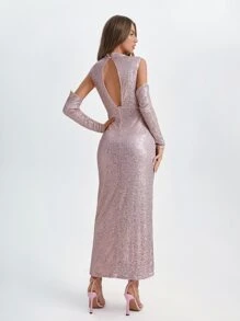 MELIKE FIRAT Mock Neck Cut Out Back Sequin Bodycon Dress With Sleeve - Baby Pink - View 2