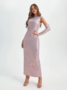 MELIKE FIRAT Mock Neck Cut Out Back Sequin Bodycon Dress With Sleeve - Baby Pink - View 4