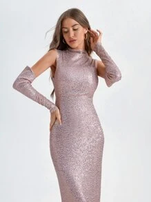 MELIKE FIRAT Mock Neck Cut Out Back Sequin Bodycon Dress With Sleeve - Baby Pink - View 5