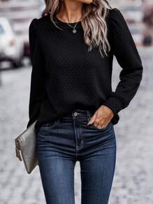 SHEIN LUNE Sudadera con mangas abullonadas de unicolor, para otoño - Negro - Ver 3