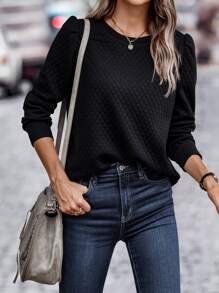 SHEIN LUNE Sudadera con mangas abullonadas de unicolor, para otoño - Negro - Ver 4