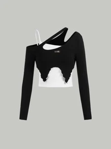 SHEIN MOD Camiseta 2 en 1 de color combinado de cuello asimétrico - Blanco y Negro - Ver 1