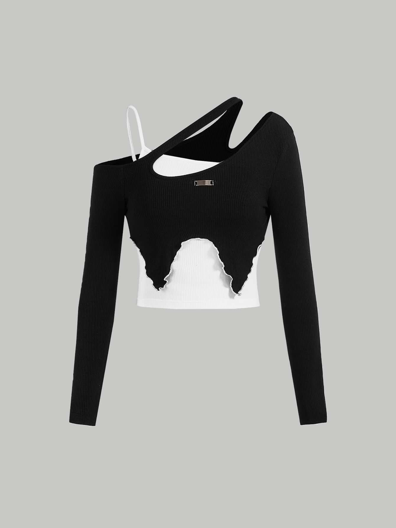 SHEIN MOD Camiseta 2 en 1 de color combinado de cuello asimétrico - Blanco y Negro - Ver 1