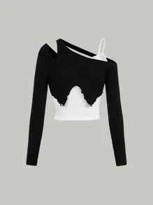 SHEIN MOD Camiseta 2 en 1 de color combinado de cuello asimétrico - Blanco y Negro - Ver 5