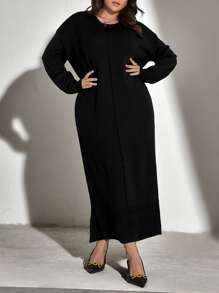 Mulvari 大碼落肩袖下擺開叉毛衣裙不附腰帶 - 黑色 - 查看 1