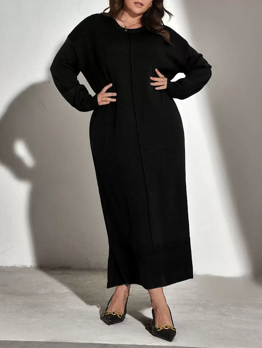 Mulvari 大碼落肩袖下擺開叉毛衣裙不附腰帶 - 黑色 - 查看 1