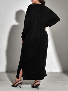 Mulvari 大碼落肩袖下擺開叉毛衣裙不附腰帶 - 黑色 - 查看 2