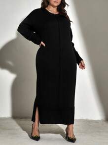 Mulvari 大碼落肩袖下擺開叉毛衣裙不附腰帶 - 黑色 - 查看 3