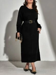 Mulvari 大碼落肩袖下擺開叉毛衣裙不附腰帶 - 黑色 - 查看 4