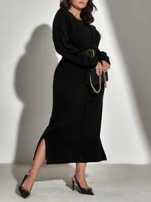 Mulvari 大碼落肩袖下擺開叉毛衣裙不附腰帶 - 黑色 - 查看 5