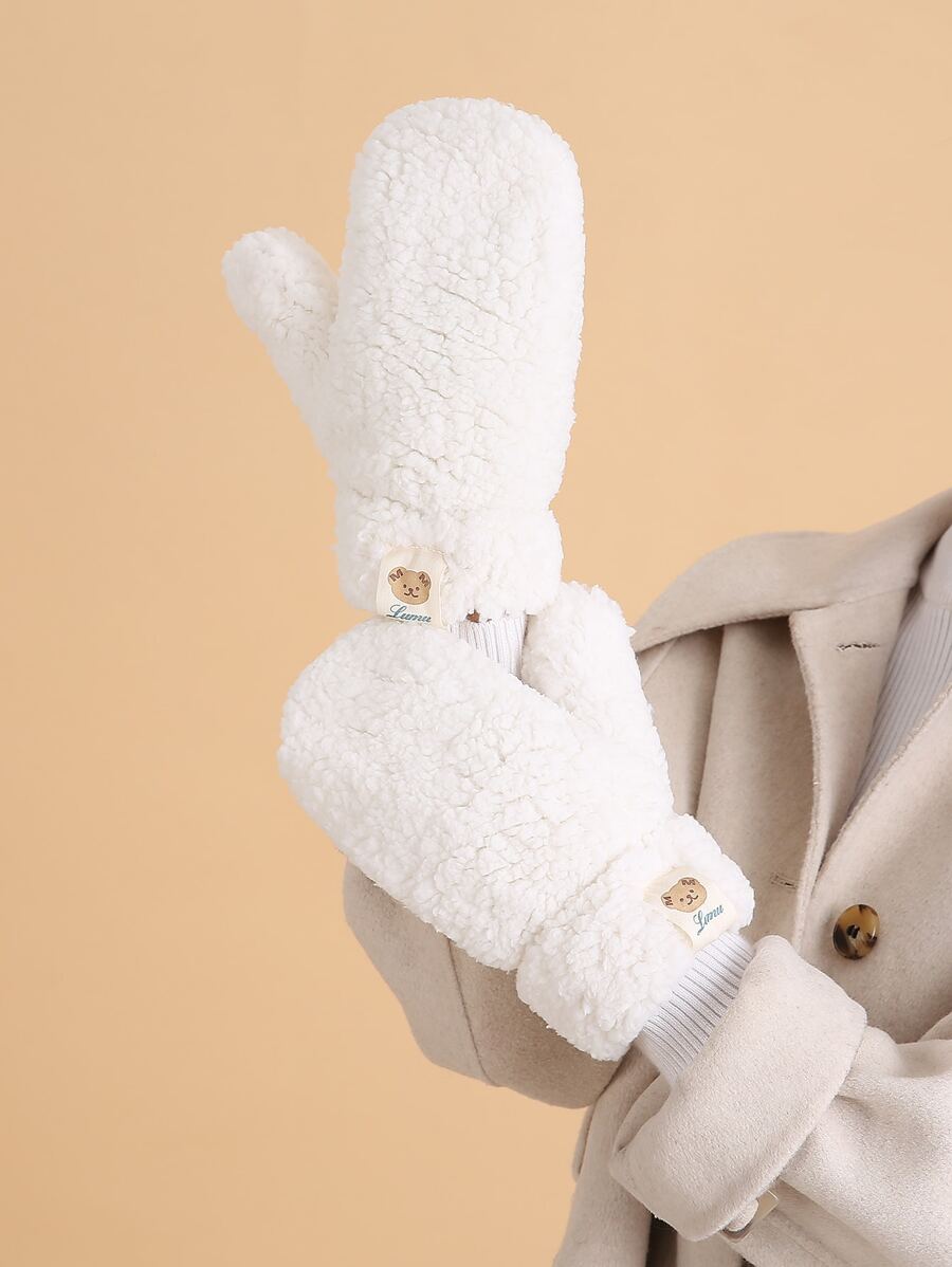 Cartoon & Letter Graphic Label Patched Fuzzy Gloves - White - View 1