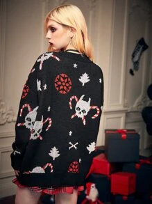 ROMWE Goth Ugly Christmas Skull Pattern Drop Shoulder Sweater - Black - View 2