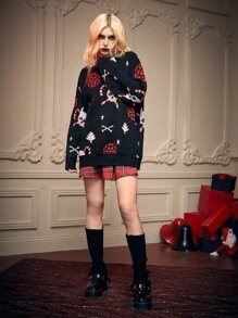 ROMWE Goth Ugly Christmas Skull Pattern Drop Shoulder Sweater - Black - View 3