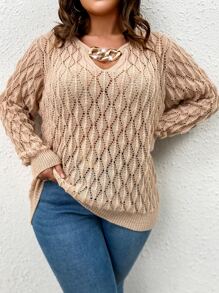 Celure Plus Chain Detail Pointelle Knit Jumper - Apricot - View 4