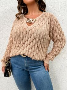 Celure Plus Chain Detail Pointelle Knit Jumper - Apricot - View 6