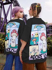ROMWE Street Life Letter Mushroom Graphic Oversized Tee - Black - View 3