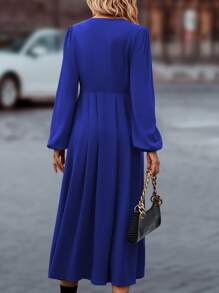 SHEIN Privé 素色單排釦燈籠袖連衣裙 - 藍色 - 查看 2