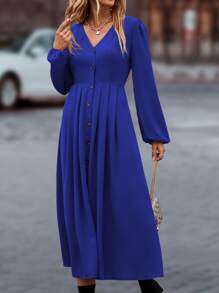 SHEIN Privé 素色單排釦燈籠袖連衣裙 - 藍色 - 查看 4