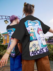 ROMWE Street Life Letter Mushroom Graphic Oversized Tee - Black - View 5