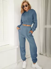 SHEIN Unity Bộ đồ hai mảnh nữ Dây kéo Túi màu trơn Thể thao - Màu xanh bụi bặm - Xem 1