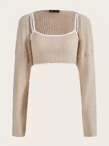 Contrast Binding Crop Cami Knit Top & Drop Shoulder Shrug Cardigan - Beige - View 1