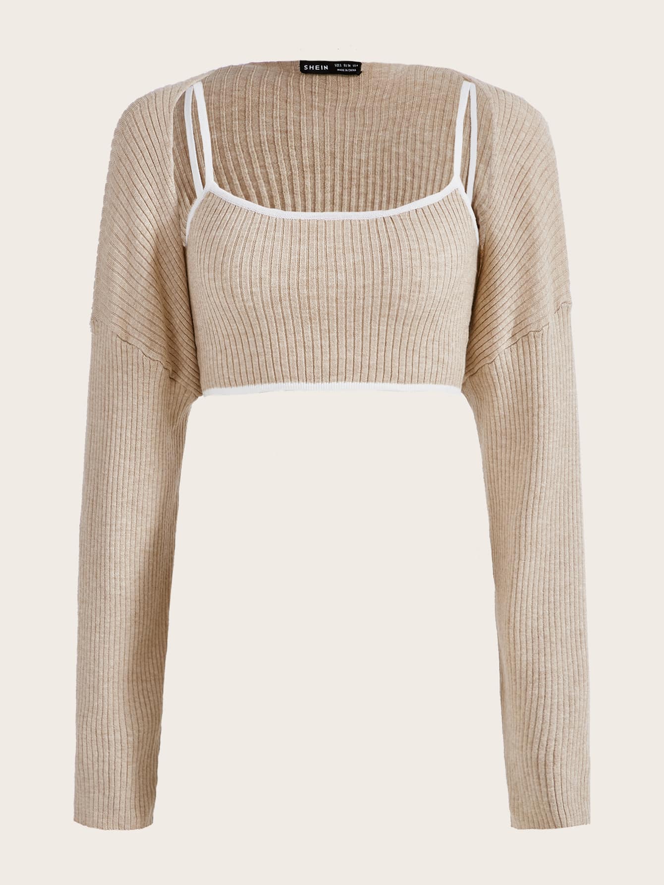 Contrast Binding Crop Cami Knit Top & Drop Shoulder Shrug Cardigan - Beige - View 1