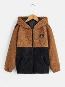 SHEIN 男孩雙色補丁細節泰迪夾克 - 彩色 - 查看 1