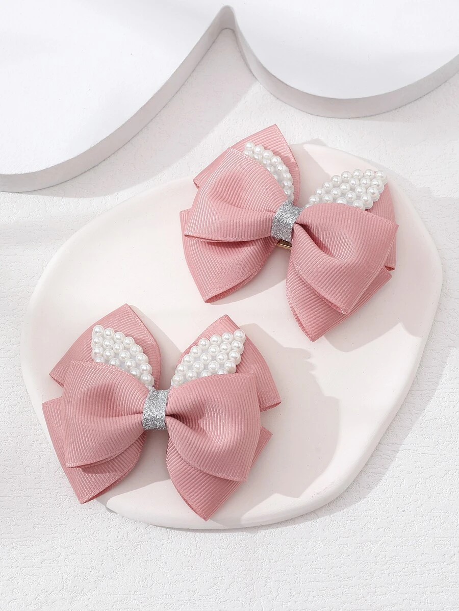 2pcs Sweet Ribbed Bow Hair Clips With Rhinestone & Pearl, Girl's Hair Accessories That Won't Damage Hair - Pink - View 1