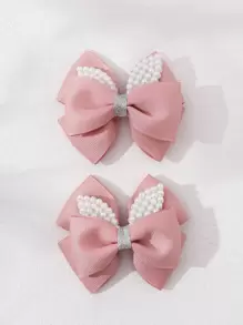 2pcs Sweet Ribbed Bow Hair Clips With Rhinestone & Pearl, Girl's Hair Accessories That Won't Damage Hair - Pink - View 2