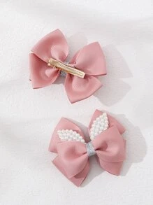 2pcs Sweet Ribbed Bow Hair Clips With Rhinestone & Pearl, Girl's Hair Accessories That Won't Damage Hair - Pink - View 3