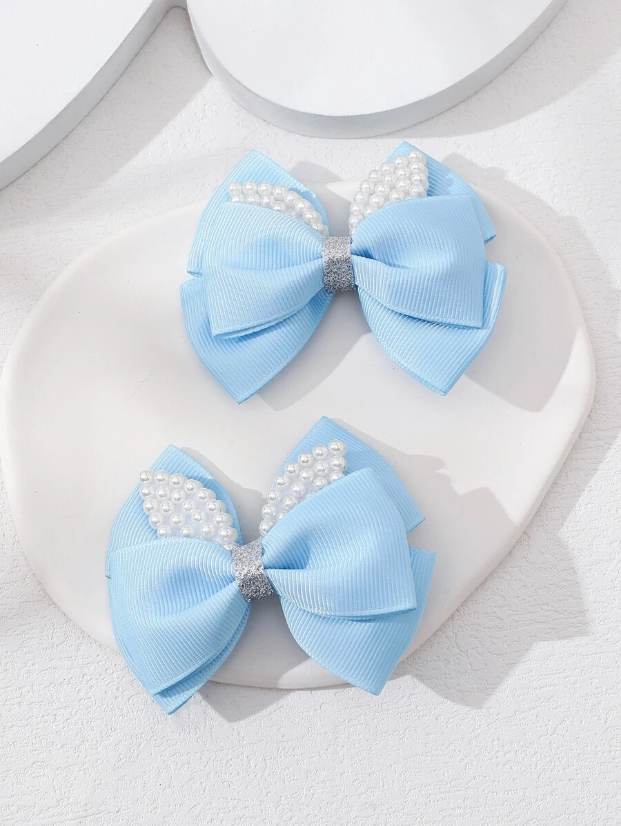 2 piezas Pinzas para el cabello con lazo acanalado dulce con cristales y perlas, accesorios para el cabello de niña sin daños - Azul - Ver 1