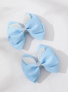 2 piezas Pinzas para el cabello con lazo acanalado dulce con cristales y perlas, accesorios para el cabello de niña sin daños - Azul - Ver 2