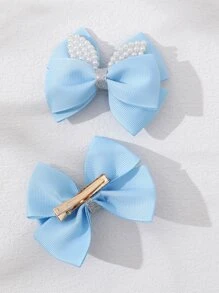 2 piezas Pinzas para el cabello con lazo acanalado dulce con cristales y perlas, accesorios para el cabello de niña sin daños - Azul - Ver 3