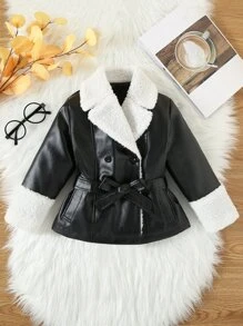 小女童拼接絨毛雙排釦腰帶PU皮革外套 - 黑色 - 查看 1