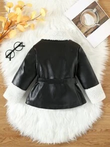 小女童拼接絨毛雙排釦腰帶PU皮革外套 - 黑色 - 查看 2