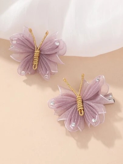 2pcs Toddler Girls Rhinestone & Butterfly Decor Hair Clip