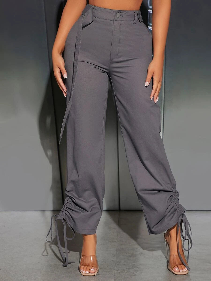 SHEIN PETITE High Waist Drawstring Side Trousers - Grey - View 1